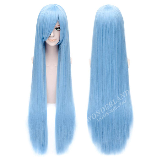 Косплей парик голубой 100 см с длинной челкой